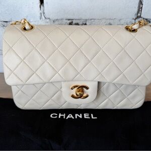 CHANEL Medium Beige Lambskin Classic Double Flap Shoulder Bag Gold Hardware